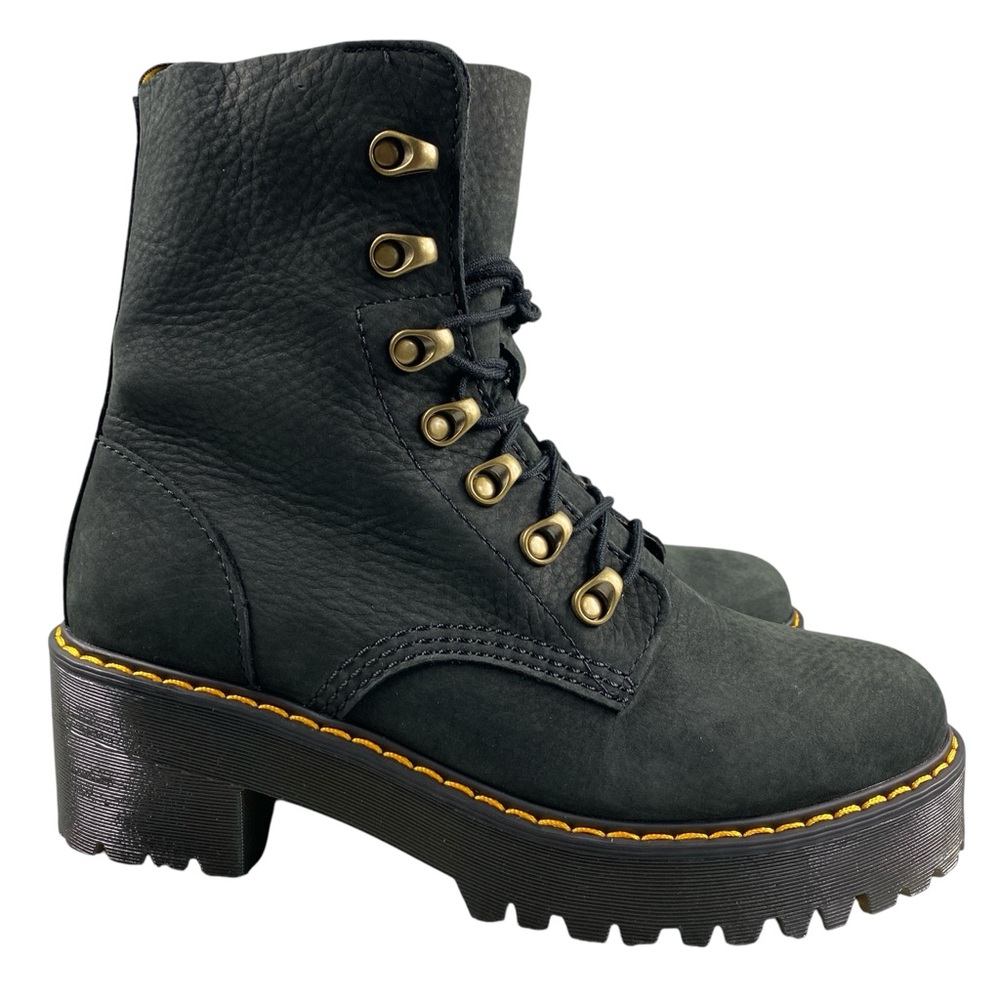 NEW Dr. Martens Leona Combat Boot Leather Black Milled Nubuck Womens 8 Lace Up - Picture 1 of 14